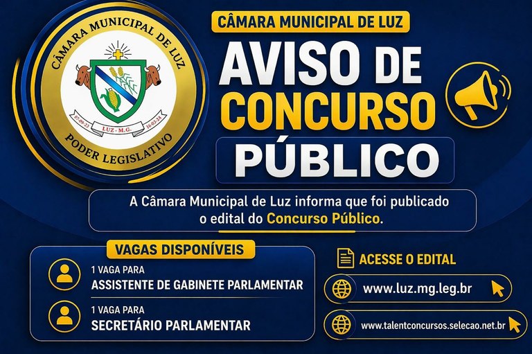 A Câmara Municipal informa que foi publicado o edital do concurso público.